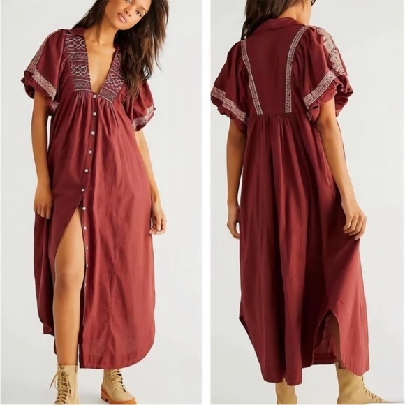 Free People Dresses & Skirts - Free People Samantha Embroidered Puff Sleeve Button Front Maxi Dress Medium